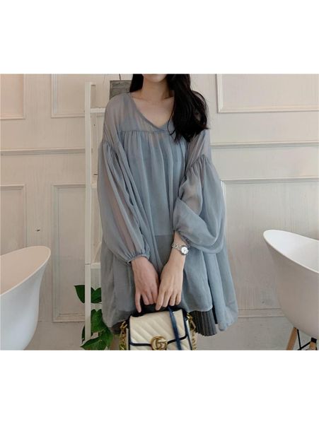 

women's blouses & shirts gentle wind mist haze blue super fairy chiffon blouse 2021 fold microlens loose-fit lantern-sleeve piece, White