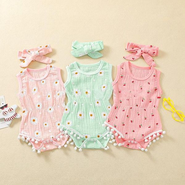 Crianças Macacão Meninas Flores Daisy Cereja Crisântemo Impressão Romper Criança Criança Pompom Jumpsuits + Bow Headband Summer Fashion Baby Baby Roupas