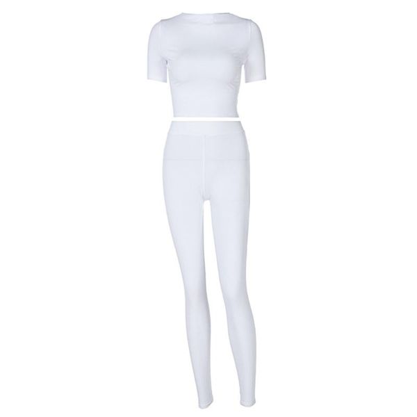 

yoga outfit womens summer 2 pieces tracksuit set short sleeve o-neck crop high waist leggings long pants solid color bodycon k3nc