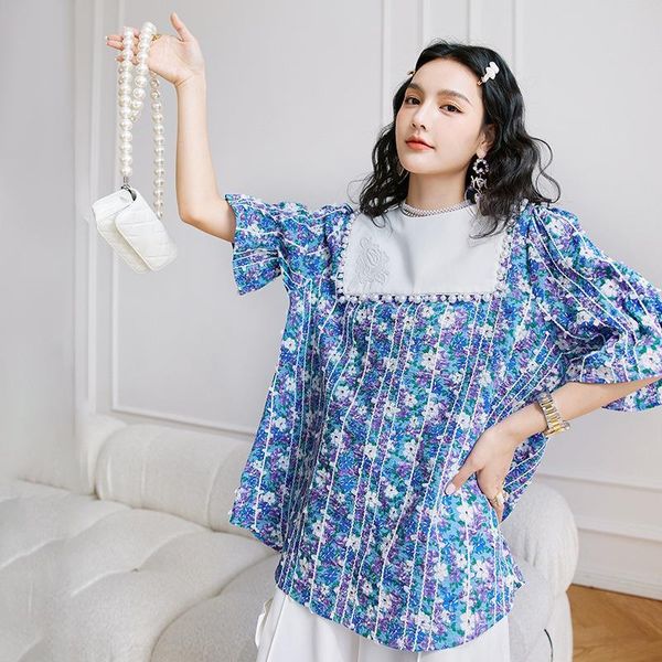 

[ewq]fashion floral short-sleeved t-shirt women's design clothing 2021 summer sense pearl o-neck 16f0919, White