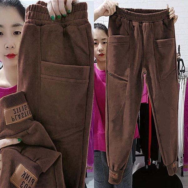 

plus velvet autumn winter large size loose thick women's sports pants casual harem tie foot leggings streetwear joggers & capris, Black;white