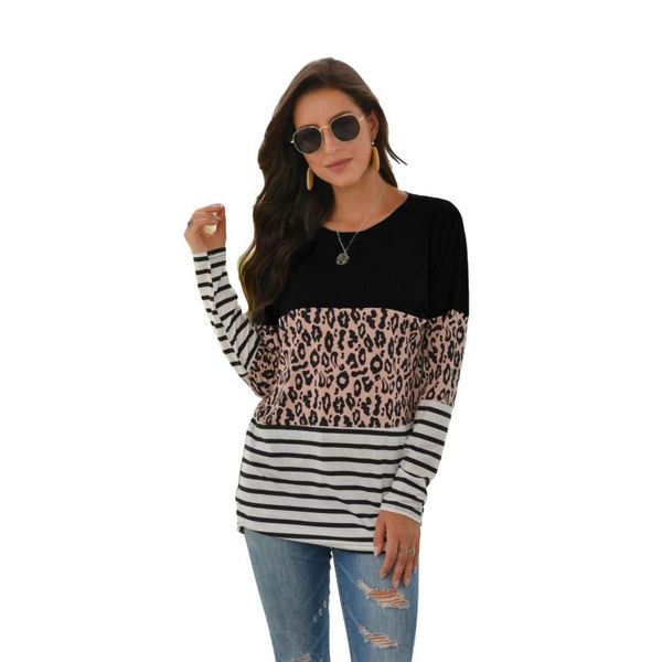 

women's t-shirt plus size fashion long-sleeved ladies leopard print stitching graphic tees clothes women, White