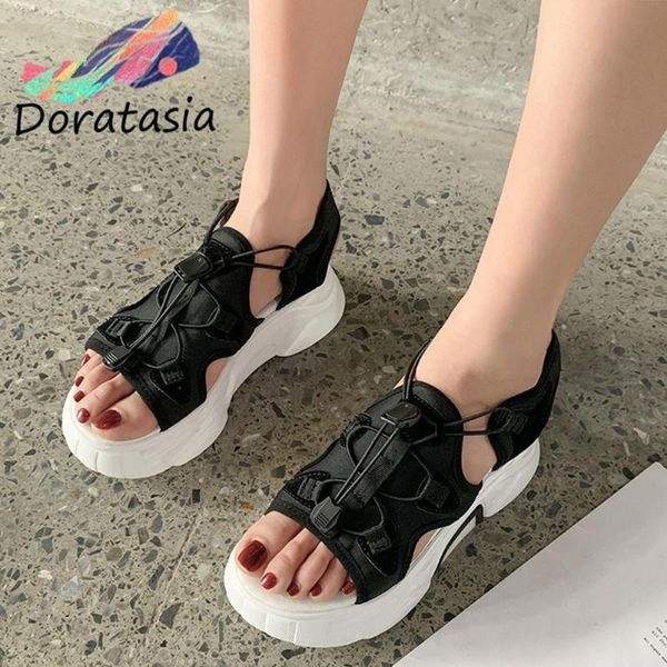 

dress shoes doratasia cool women open toe lace up platform chunky casual beach sandals mixed color summer, Black