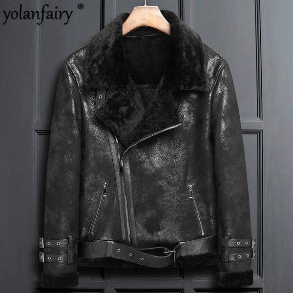

men's leather & faux genuine jacket men motorcycle sheepskin fur coat winter jackets casacos masculino lsy1316 pph1055, Black