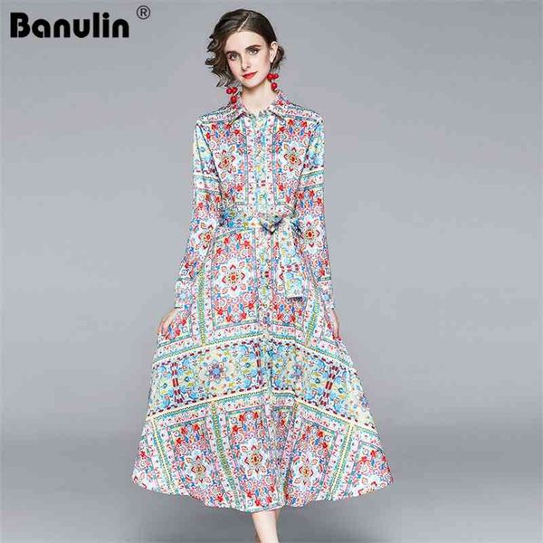 

banulin spring summer runway maxi dress women long sleeve flower printing waist bow belt ladies 210603, Black;gray