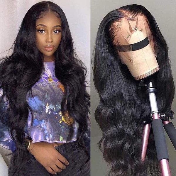 

lace wigs 13x4 human hair brazilian body wave 30 inch hd frontal wig, Black;brown