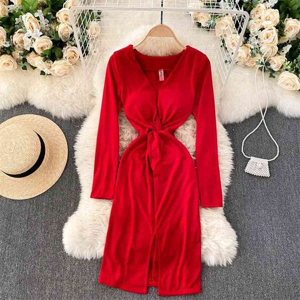 

lady fashion v-neck twisting waist thin long sleeve package hip dress women harajuku casual vestidos q954 210527, Black;gray