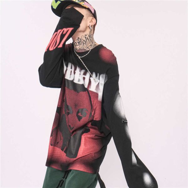 

tkpa high street fashion brand long sleeve t-shirt men's ins dark loose over size rock hip hop round neck sweater, Black