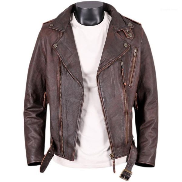 

men's leather & faux genuine cowhide jacket jackets oblique zipper with belt motorcycle coat, Black