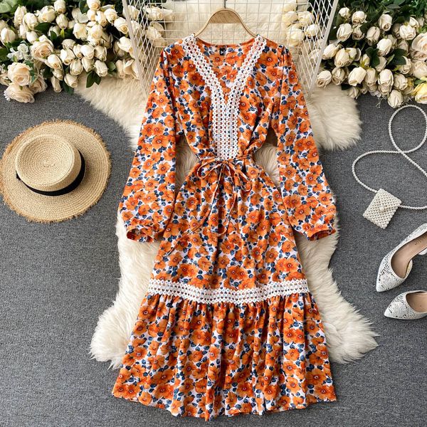 

women vintage lace dress autumn elegant v neck puff sleeve a line ruffle dress casual print flowers drawstring dress 210419, Black;gray