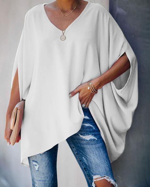 

fashion women summer elegant v neck oversized lady casual solid long sleeve loose fit blouse 210415, White
