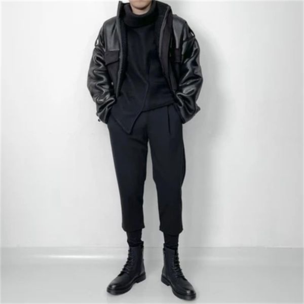 

men's pants fashion fake two casual autumn and winter korean personality warm loose tapered, Black