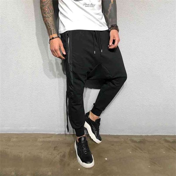

fashion harem pants men hip hop casual joggers elastic waist fitness sweatpants male streetwear cross trousers 210715, Black