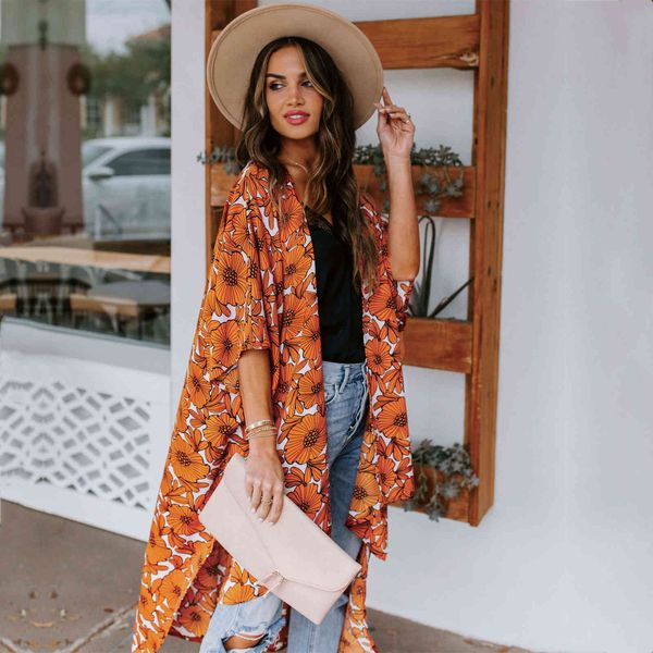 

orange boho print chiffon bathing suit cover-ups plus size beach wear long kimono dress women summer swimsuit cover up a809 210420, White;black