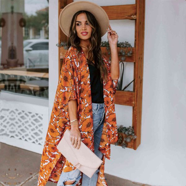 Orange Boho Print Chiffon Badeanzug Cover-ups Plus Size Strand Tragen Lange Kimono Kleid Frauen Sommer Badeanzug Cover Up A809 210420