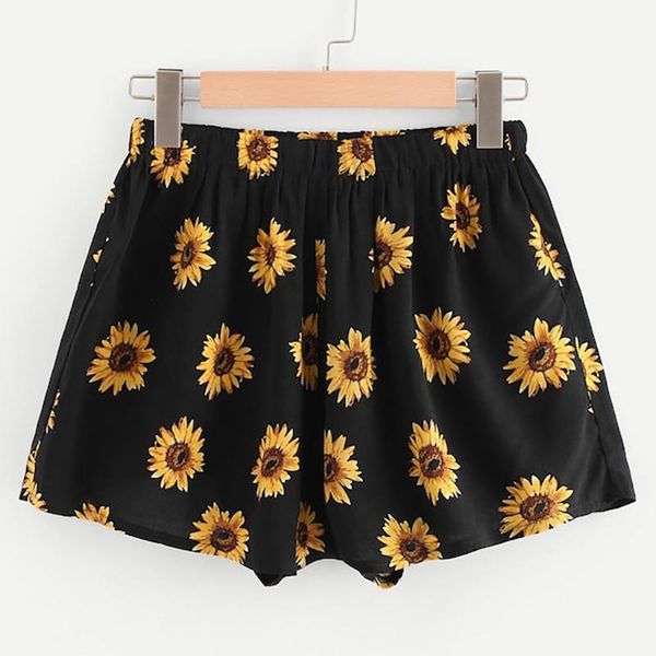 

ladies shorts high waist feminino praia sunflower print short pants casual beach spodenki damskie women's, White;black