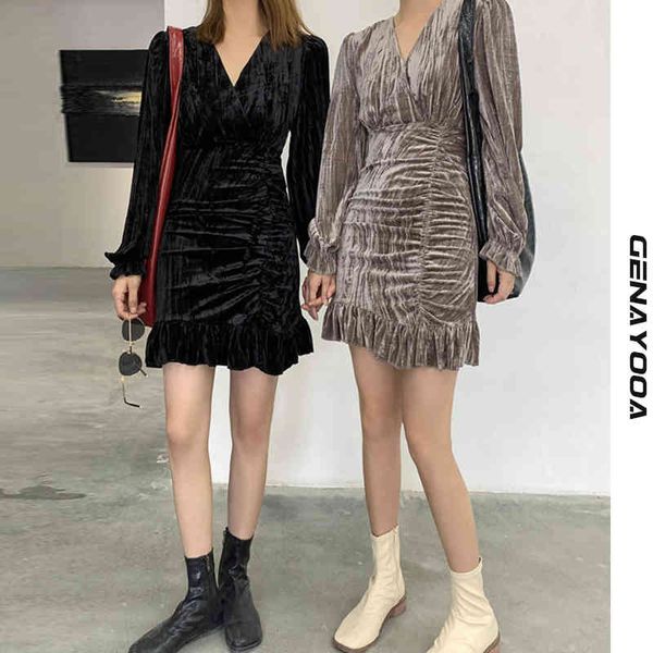 

genayooa women elegant velvet vintage v neck mini party dress wrap ladies dresses spring korean vestidos 210417, Black;gray