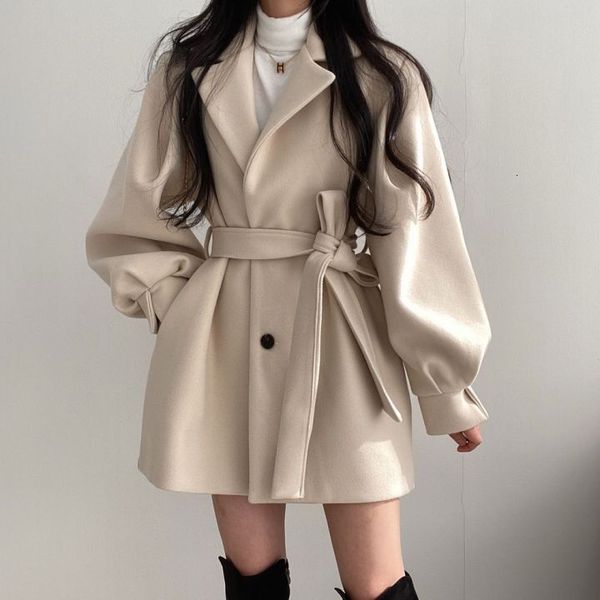 

coat women's jacket blended coat, belt and belt, thin lapel, double button cuff flashlight, winter wool coat, Tan;black