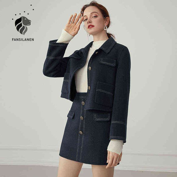 

fansilanen wool blend elegant two piece set women dress suit a-line skirt and set autumn winter office vintage coat outfits 211119, White