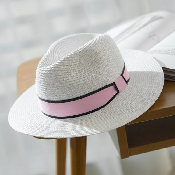 

stingy brim hats seioum female sombreros women summer hat classic black pink girdle panama sunhats jazz beach for chapeau, Blue;gray
