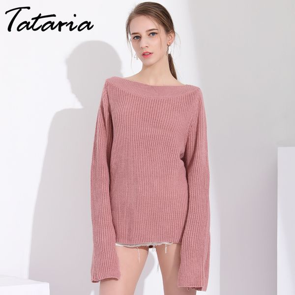 

1long sweater women jumpers pullovers slash neck loose flare sleeve s backless hollow out knitted pullover 210514, White;black