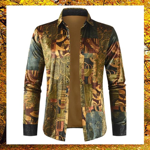 

men's casual shirts men autumn winter long sleeve pleuche turn-down collar fashion printing button blouses, White;black