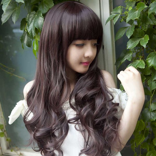 

yiwu women's long curly hair korean fashion big wave wig set store, Black