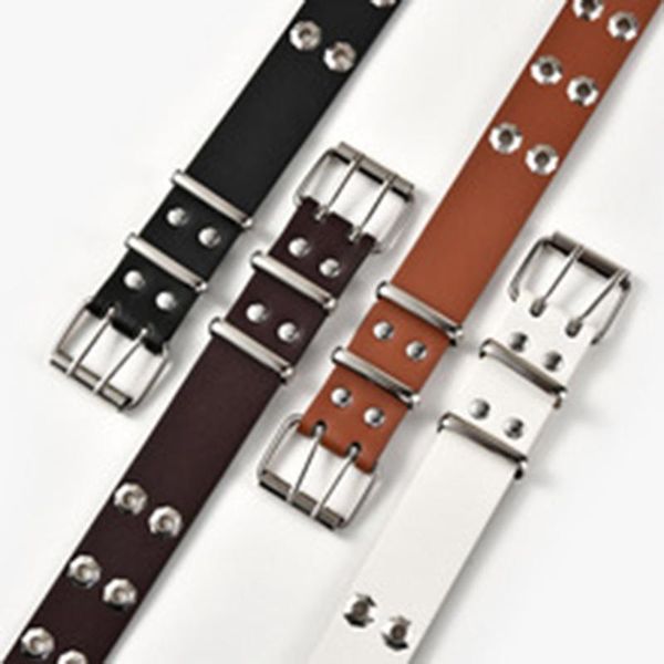 

belts 1pcs punk pu leather wide waist belt black double pin buckle adjustable decorative hollow alloy hole waistband, Black;brown