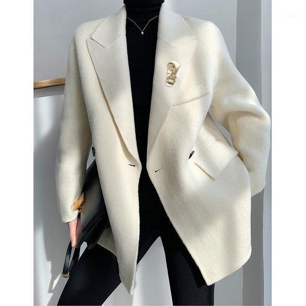 

women's wool & blends [ewq] korea chic white double sided cashmere coat 2021 small lapel suit woolen female fashion 16e3934, Black
