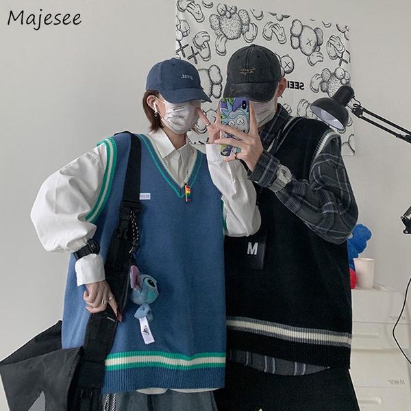 

men's vests sweater vest men v-neck sleeveless knitted patchwork preppy-style simple all-match couples loose leisure fashion korean, Black;white