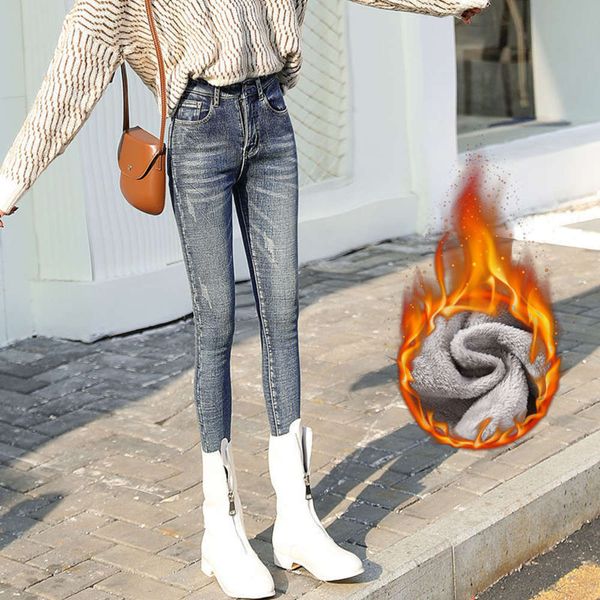 

cashmere thickened winter high waist nine point warm belt cashmere small leg pants wear outside, Blue