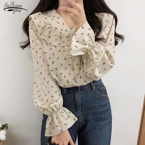 

korean autumn puff sleeve chiffon women blouse office lady v-neck floral shirts plus size ladies' cardigan 10335 210521, White