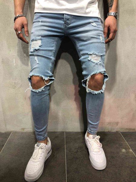 

men's jeans with hol and elastic foot opening zipper fashion men's jeans, Blue