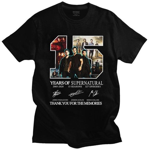 

men's t-shirts supernatural 15 years anniversary dean sam castiel signatures t shirt cotton tshirt for men short sleeve the winchesters, White;black