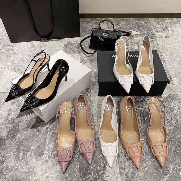 

v family 2021 high heeled shoes women's new thin heeled v-button single shoes with pointed end french medium heeled sandals zlh, Black