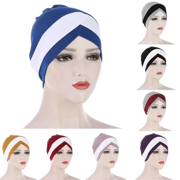 Bohemian Hijab Cap Donna Elastico Croce Color Block Musulmano Chemio Hijab Foulard Turbante Capelli Sciolti Cappello Sciarpa Piega