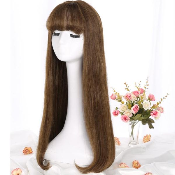 

synthetic wigs lanlan long straight brown wig with bangs hair bang for women brown\aoki linen ash heat resistant, Black