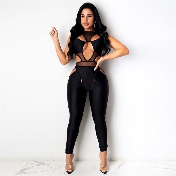 Mulheres Winter Women Out Lace Black Bandage Jumpsuits Sexy Sem Mangas Full Pants Club Party Bodycon 210423