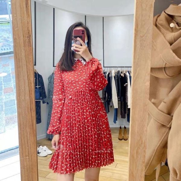 

casual dresses women dress 2021 autumn and winter hollow lace collar animal print pleated long-sleeved, Black;gray