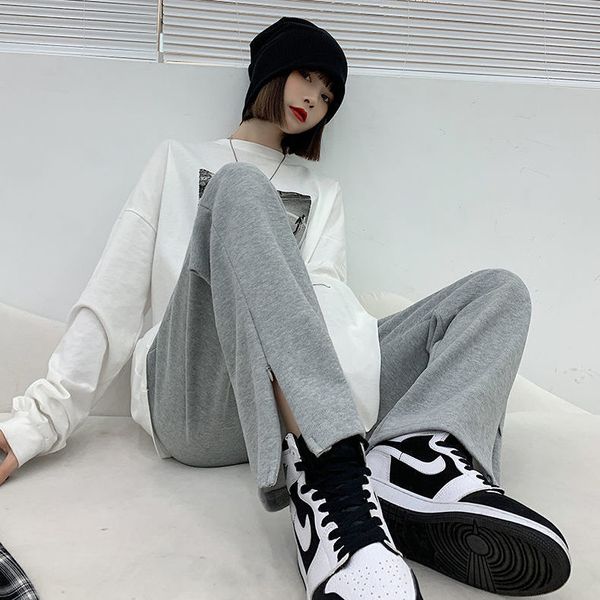 

spring grey sports casual cotton pants vintage female side zippers split elastic high waist loose wide-legged trousers 210519, Black;white