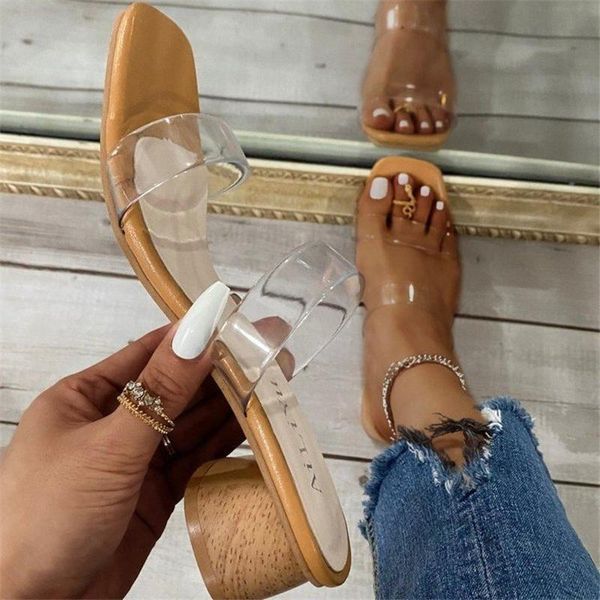 

slippers transparent strap high heel women casual square toe sandals summer female clear wedding pumps size 42 zapatillas mujer, Black