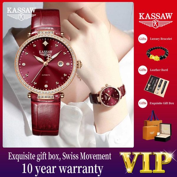 

wristwatches swiss movement kassaw watches for women leather elegant ladies watch luminous hand calendar casual dress woman clock gift, Slivery;brown