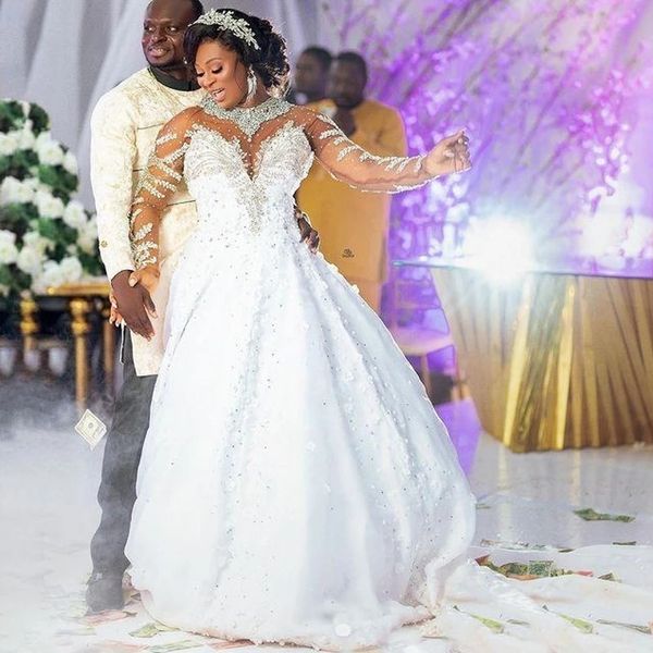 Ebi Aso 2022 Afrikanisches Hochzeitskleid mit Perlenkragen, Pailletten, Vestido de Noiva, Illusion, lange Ärmel, rückenfrei, Brautkleider in Übergröße es