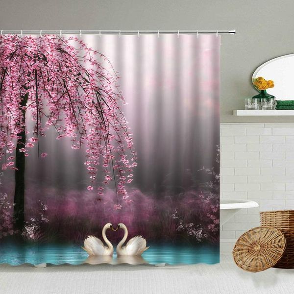 

shower curtains love swan lake flower tree scenery curtain romantic couple theme bathroom wall decoration waterproof polyester screen set