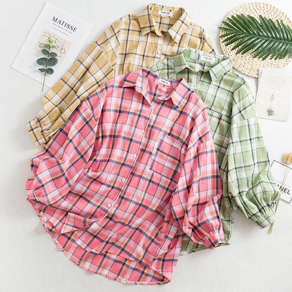 

women's blouses & shirts office blouse women 2021 plaid shirt korean style long sleeve turn down collar cotton fashion casual oversized, White