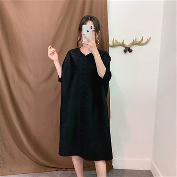 

dress miyake fashion three quarter the solid v-neck fold button, Black;gray