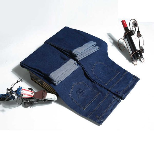 

summer spring thin men's jeans straight elastic casual pants middle aged and old overalls high waist jeans, Blue