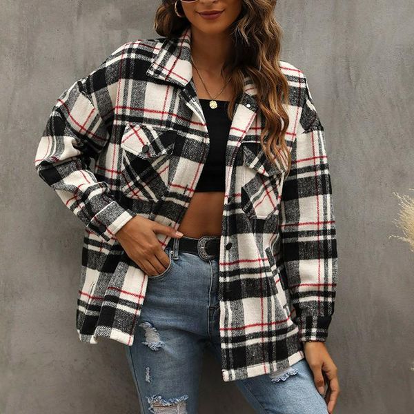 

women's jackets puloru casual women plaids shirt autumn vintage button-down long sleeve lapel outerwear with pockets, Black;brown