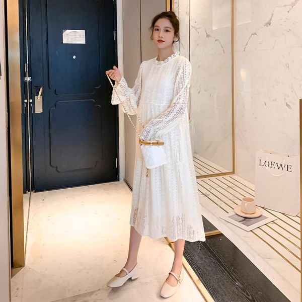 

9823# maternity clothes solid color lace long sleeves easy matching loose stylish dress pregnant women mom dresses, White