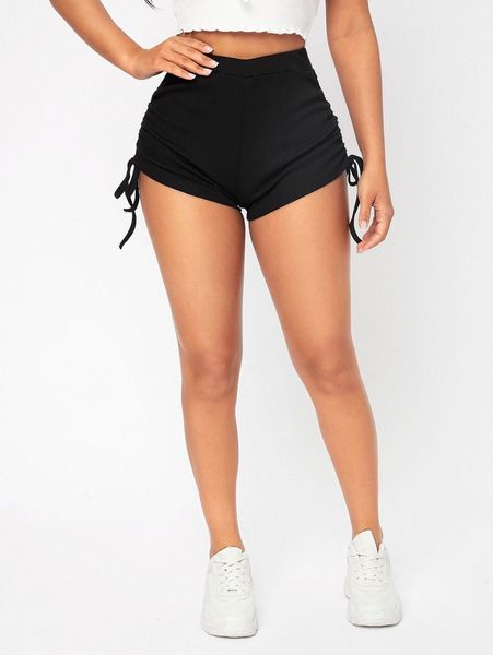 

petite high waist drawstring side biker shorts y6i8#, Black